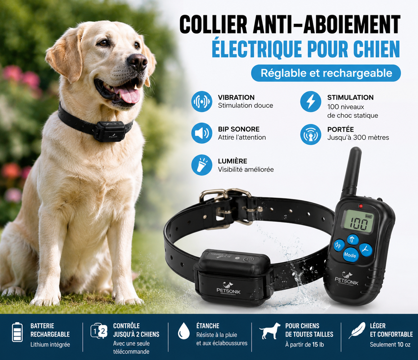 Collier Anti-Aboiement Électrique Réglable pour Chien