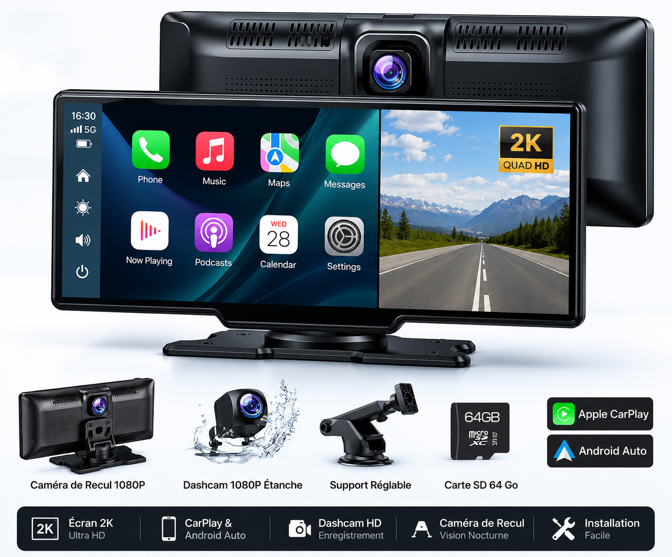 Autoradio GPS 2K HD Multifonction avec Dashcam