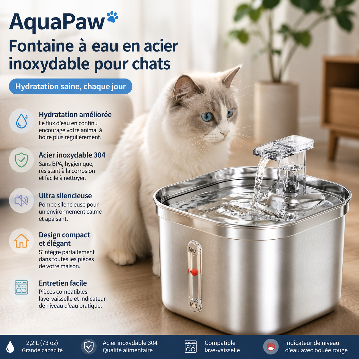 Fontaine à Eau Inox Silencieuse pour Chat