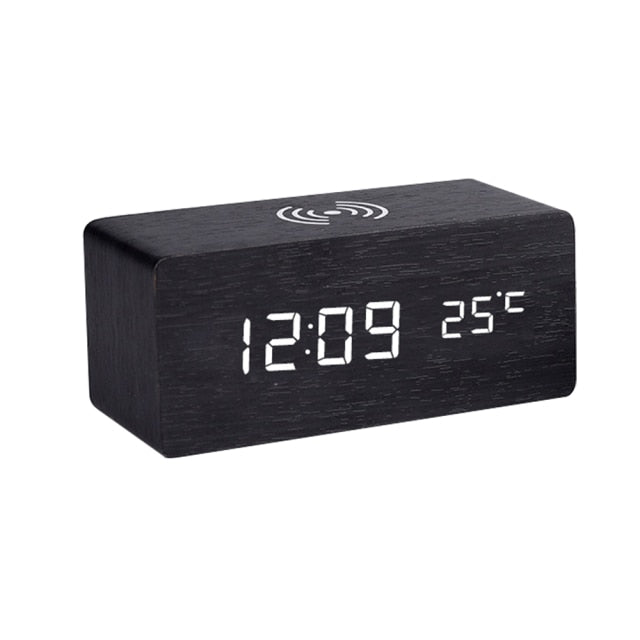 Réveil LED Bois avec Chargeur Sans Fil