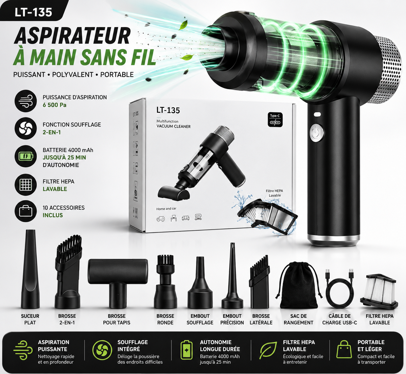 Aspirateur Voiture Sans Fil Haute Puissance