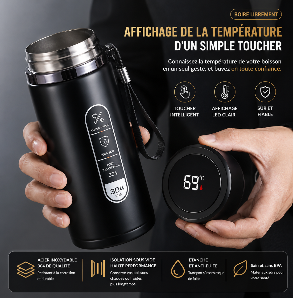 Thermos Intelligent en Acier Inoxydable avec Affichage LED de Température