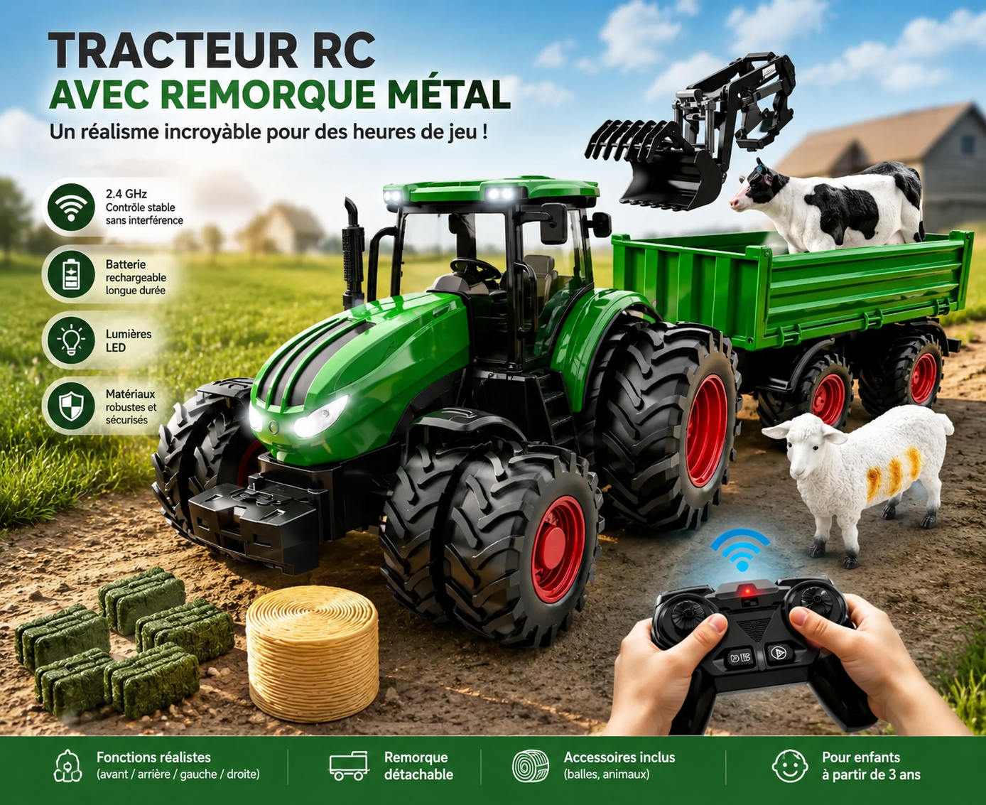 Tracteur Télécommandé Enfant avec Remorque