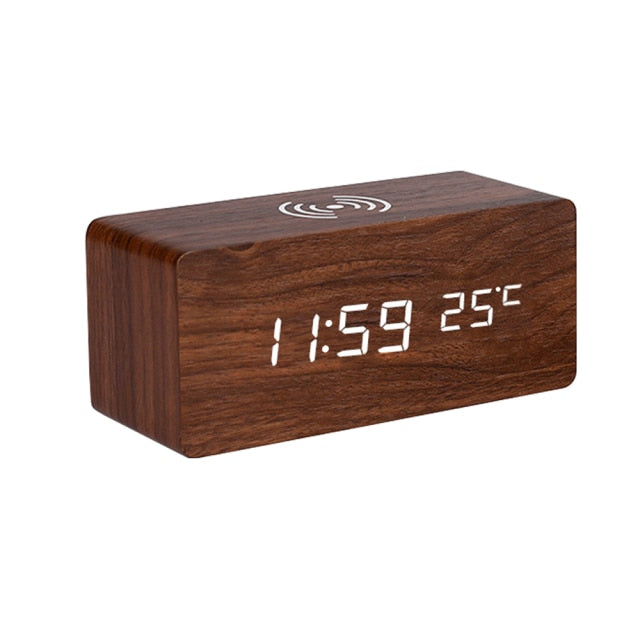 Réveil LED Bois avec Chargeur Sans Fil